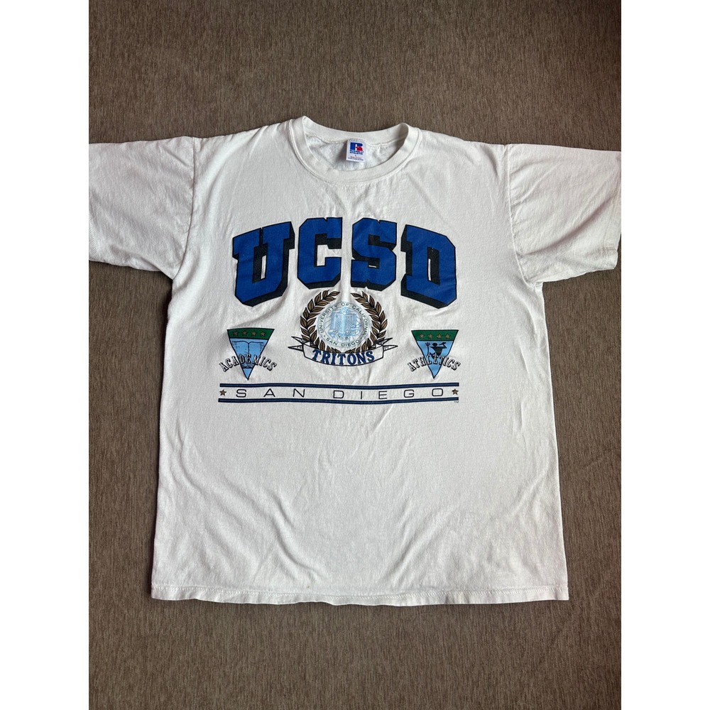 Vintage Russell Athletic UCSD Tritons T-Shirt White Large 90s Made in USA Cotton